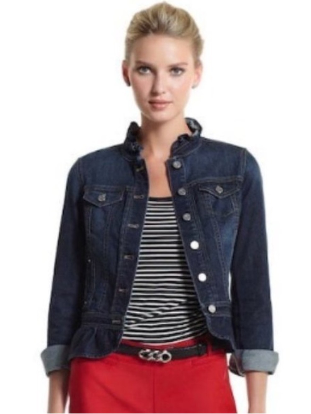 White House Black Market Ruffled Trim Denim Jean Jacket Women’s 4